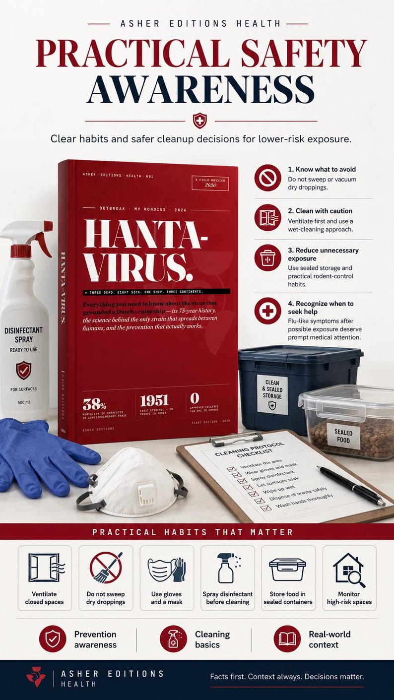 Puede incluir: Infograf&iacute;a educativa titulada "Concienciaci&oacute;n sobre seguridad pr&aacute;ctica" con informaci&oacute;n sobre el Hanta-Virus. Incluye un libro rojo, spray desinfectante y una lista de verificaci&oacute;n del protocolo de limpieza. La infograf&iacute;a proporciona orientaci&oacute;n sobre medidas de seguridad.