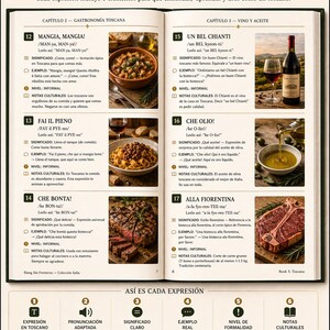 May include: A book titled "Slang Sin Fronteras - Colecci&oacute;n Italia" with a preview of its content. The open pages display Italian phrases with translations, pronunciation guides, and cultural notes, alongside images of food and wine.