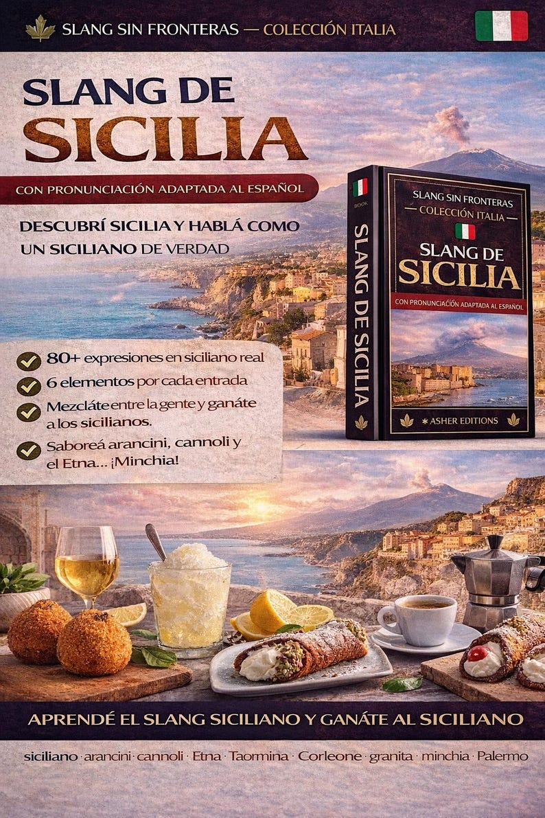 May include: Book cover for "Slang de Sicilia" with Italian flag and text. The image includes Sicilian food and drinks: arancini, cannoli, granita, and coffee. The book promises to teach Sicilian slang.