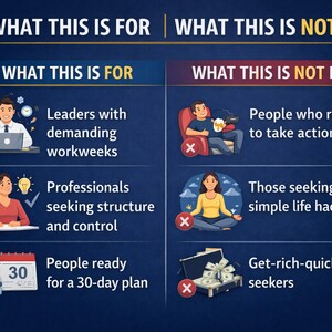 Puede incluir: Infograf&iacute;a con los t&iacute;tulos "PARA QU&Eacute; ES ESTO" y "PARA QU&Eacute; NO ES ESTO". La secci&oacute;n "PARA QU&Eacute; ES ESTO" incluye l&iacute;deres, profesionales y personas preparadas para un plan de 30 d&iacute;as. La secci&oacute;n "PARA QU&Eacute; NO ES ESTO" incluye a personas que se niegan a actuar, a quienes buscan trucos de vida sencillos y a los buscadores de dinero r&aacute;pido.