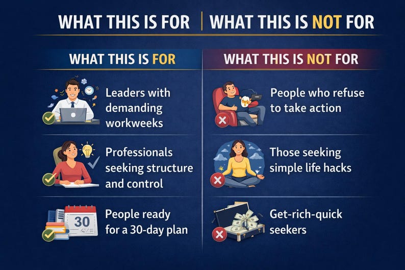 Puede incluir: Infograf&iacute;a con los t&iacute;tulos "PARA QU&Eacute; ES ESTO" y "PARA QU&Eacute; NO ES ESTO". La secci&oacute;n "PARA QU&Eacute; ES ESTO" incluye l&iacute;deres, profesionales y personas preparadas para un plan de 30 d&iacute;as. La secci&oacute;n "PARA QU&Eacute; NO ES ESTO" incluye a personas que se niegan a actuar, a quienes buscan trucos de vida sencillos y a los buscadores de dinero r&aacute;pido.