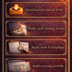 May include: An ebook guide with a dark brown background and gold accents. The title "How to Use This eBook" is at the top. Steps include downloading the PDF, studying lessons, applying tools, and building a portfolio. Each step is in a gold-framed box.