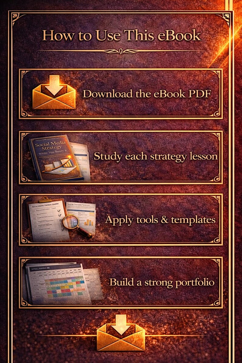 May include: An ebook guide with a dark brown background and gold accents. The title "How to Use This eBook" is at the top. Steps include downloading the PDF, studying lessons, applying tools, and building a portfolio. Each step is in a gold-framed box.
