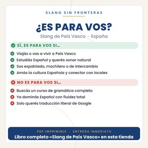 K&ouml;nnte beinhalten: Eine digitale Infografik mit dem Titel Slang Sin Fronteras und der Frage Es Para Vos? &uuml;ber baskischen Slang. Sie listet Kriterien f&uuml;r die Zielgruppe mit gr&uuml;nen H&auml;kchen und f&uuml;r Nicht-Zielgruppen mit roten Kreuzen auf.