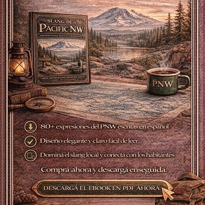 May include: An illustrated advertisement for a Pacific Northwest slang ebook. The image features a book titled "Slang de Pacific NW", a mug with "PNW" on it, and a scenic mountain landscape. Text promotes learning local slang.