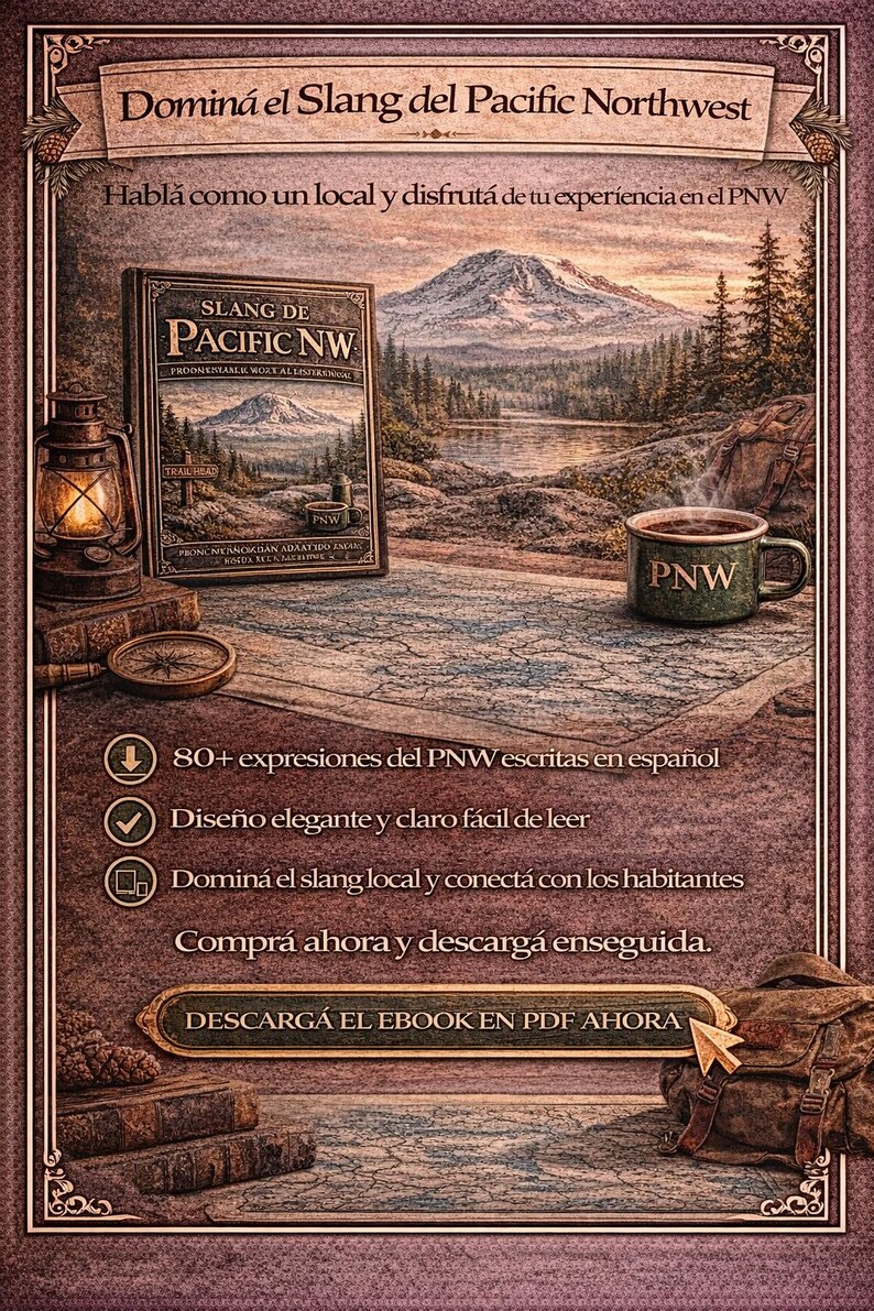 May include: An illustrated advertisement for a Pacific Northwest slang ebook. The image features a book titled "Slang de Pacific NW", a mug with "PNW" on it, and a scenic mountain landscape. Text promotes learning local slang.