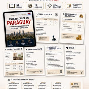 May include: An ebook cover with the title "CONTENIDO REAL DEL EBOOK" and the text "Una gu&iacute;a completa, pr&aacute;ctica y bien organizada para establecerse en Paraguay." The cover includes sections on visa, costs, housing, taxes, and a checklist.