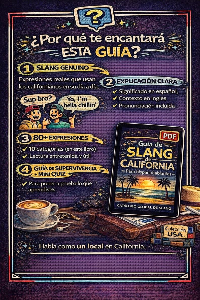 May include: A digital guide titled "Gu&iacute;a de SLANG de CALIFORNIA" for Spanish speakers, with a coffee cup, a hat, and a suitcase. The guide promises authentic slang, clear explanations, and survival tips. The text says "Speak like a local in California."