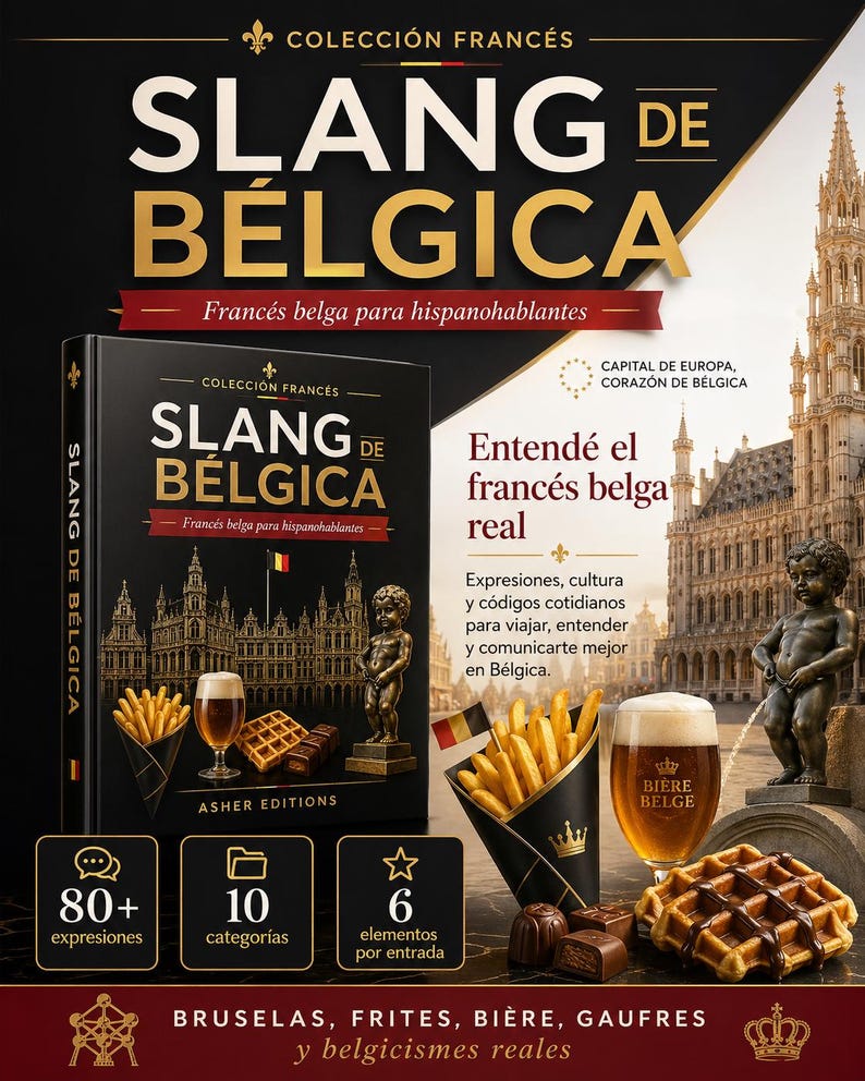 May include: An image promoting a book called "SLANG DE B&Eacute;LGICA", with the subtitle "Franc&eacute;s belga para hispanohablantes". The image includes Belgian fries, waffles, beer, and a statue. The book cover features a cityscape.