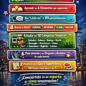 Puede incluir: Infograf&iacute;a colorida titulada "C&oacute;mo usar este eBook" con instrucciones. La imagen presenta un fondo de paisaje urbano y cuadros rectangulares coloridos con texto. Incluye gu&iacute;as de pronunciaci&oacute;n y expresiones.