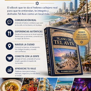 May include: An advertisement for a book titled "Slang de Tel Aviv" with a blue cover, featuring a cityscape. The image includes text in Spanish, promoting the book for travelers. The background shows a coastal city scene.