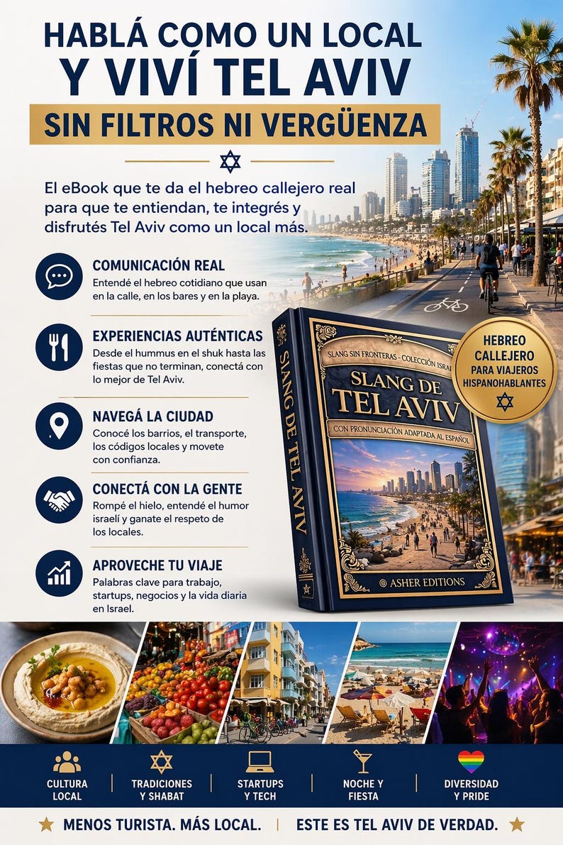 May include: An advertisement for a book titled "Slang de Tel Aviv" with a blue cover, featuring a cityscape. The image includes text in Spanish, promoting the book for travelers. The background shows a coastal city scene.