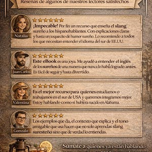 Puede incluir: Anuncio de un eBook sobre jerga sure&ntilde;a, con rese&ntilde;as de clientes y una bebida con una rodaja de lim&oacute;n. El texto incluye frases como "&iexcl;Impecable!" y "Este eBook es una joya."