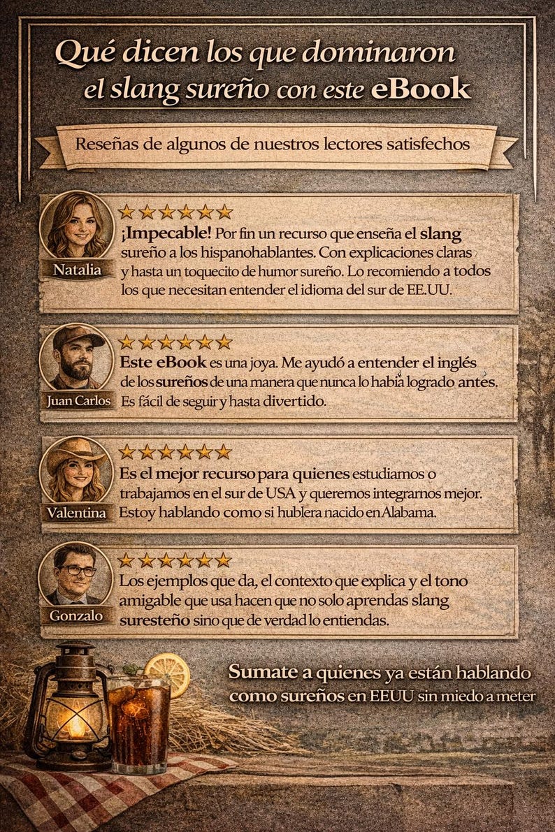 Puede incluir: Anuncio de un eBook sobre jerga sure&ntilde;a, con rese&ntilde;as de clientes y una bebida con una rodaja de lim&oacute;n. El texto incluye frases como "&iexcl;Impecable!" y "Este eBook es una joya."