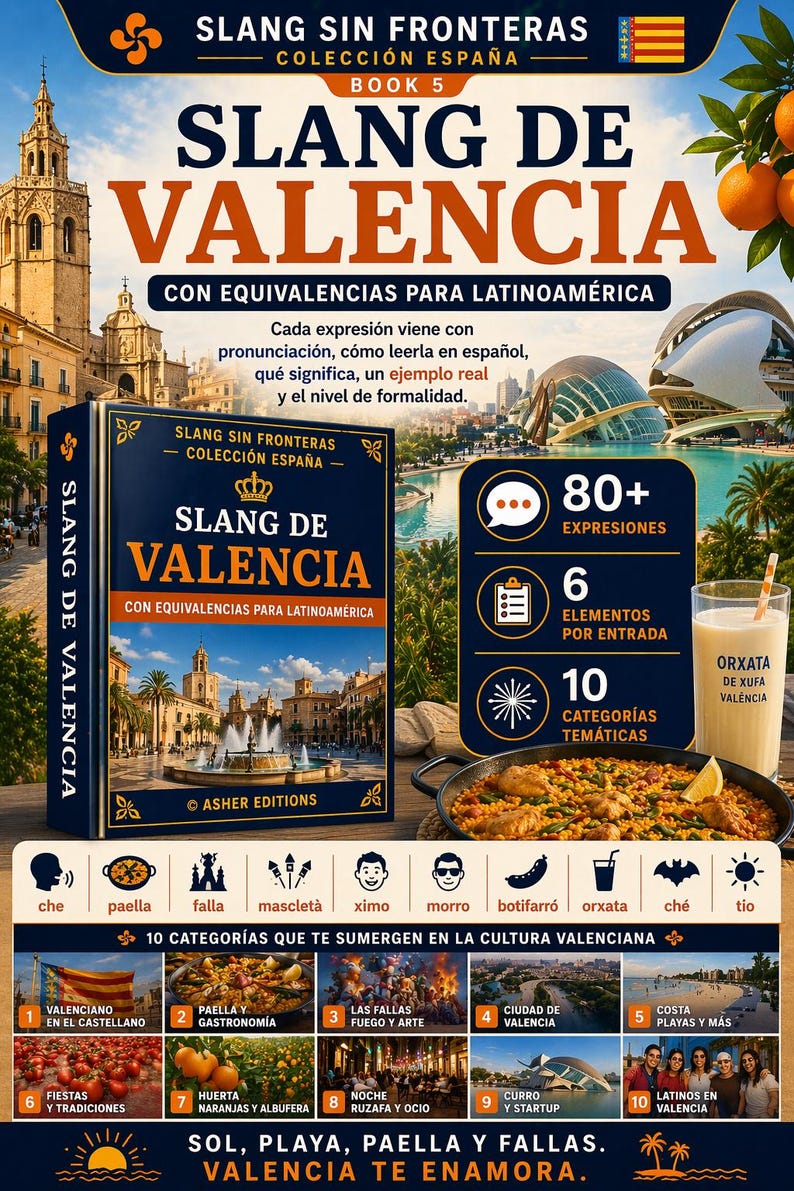 Op de afbeelding: Boekomslag "Slang de Valencia" met de tekst "Con Equivalencias Para Latinoamerica". De omslag toont een stadsgezicht en de titel van het boek. De afbeelding bevat ook iconen en tekst over de Valenciaanse cultuur.