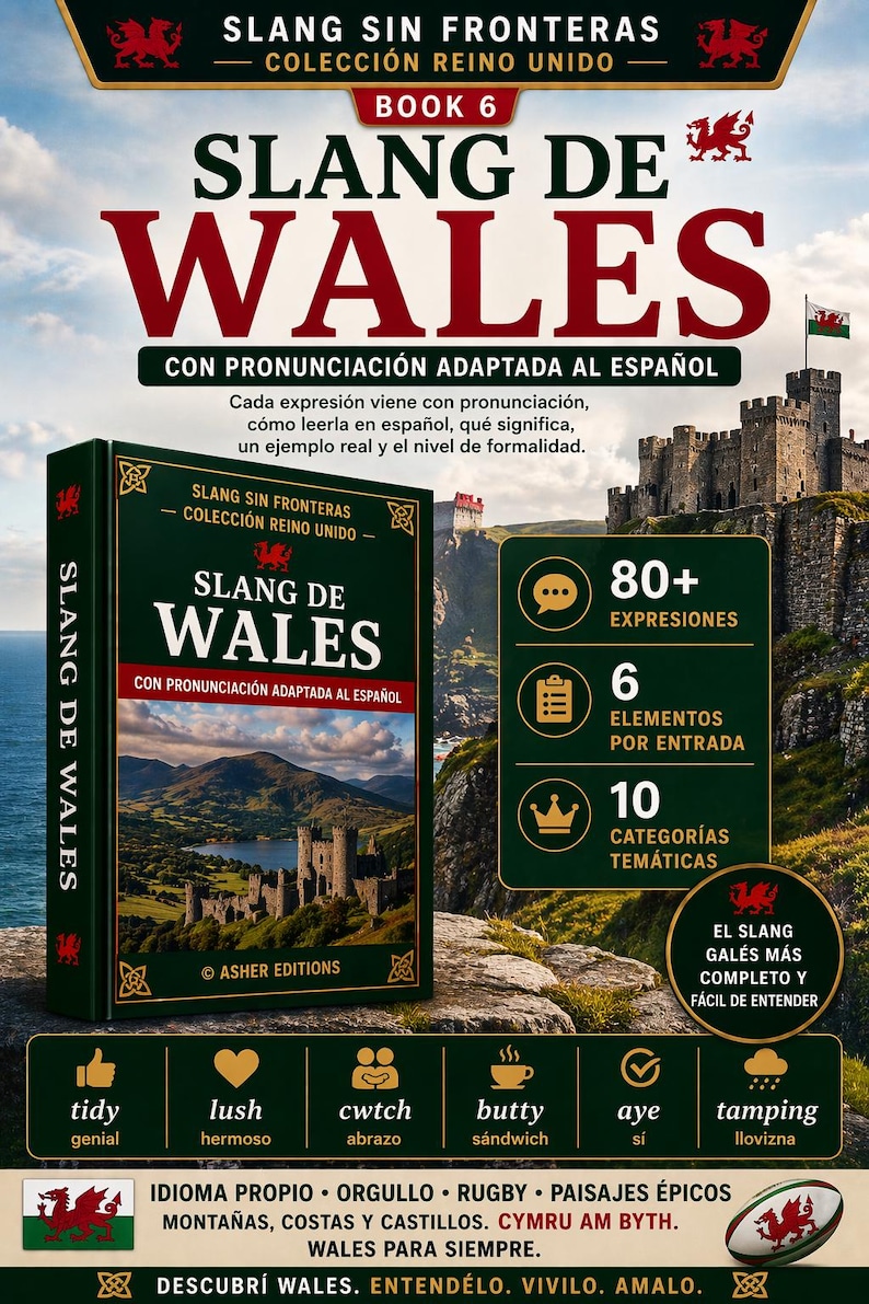 Puede incluir: Un libro titulado "Slang de Wales" con una cubierta verde, que presenta jerga galesa con pronunciaci&oacute;n en espa&ntilde;ol. La portada muestra un castillo y un paisaje monta&ntilde;oso. Incluye frases, elementos y categor&iacute;as tem&aacute;ticas.