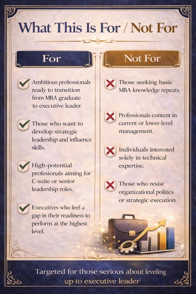 May include: Informational graphic with the title "What This Is For / Not For". Lists criteria for and against a program, including "Ambitious professionals" and "Those seeking basic MBA knowledge repeats". Includes a briefcase and bar graph.
