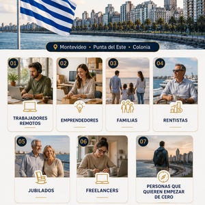 Peut inclure: Image promotionnelle pour Asher Editions, avec le drapeau uruguayen et des paysages urbains. L'image met en &eacute;vidence divers groupes, dont les travailleurs &agrave; distance, les familles et les retrait&eacute;s, avec du texte en espagnol. L'image promeut un guide pour s'installer en Uruguay.