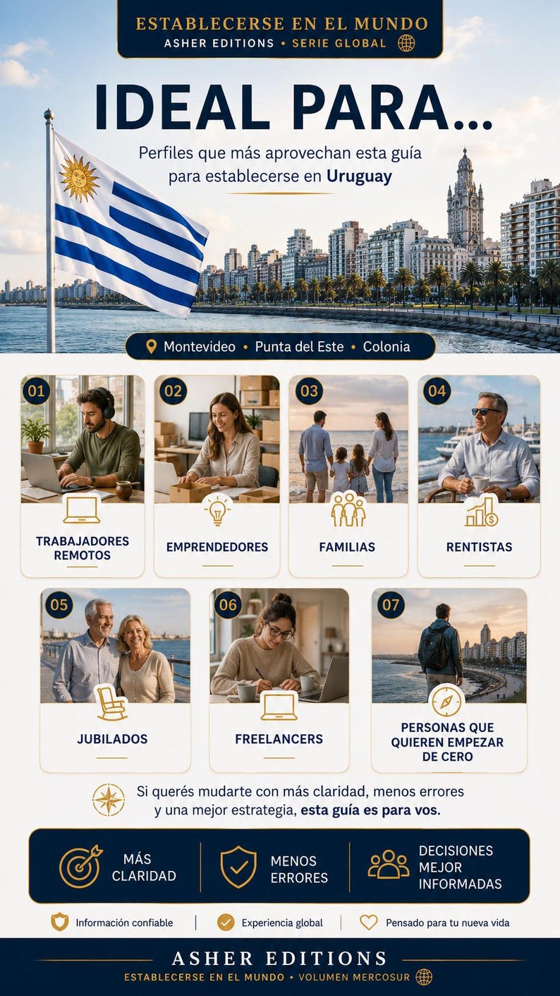 Peut inclure: Image promotionnelle pour Asher Editions, avec le drapeau uruguayen et des paysages urbains. L'image met en &eacute;vidence divers groupes, dont les travailleurs &agrave; distance, les familles et les retrait&eacute;s, avec du texte en espagnol. L'image promeut un guide pour s'installer en Uruguay.