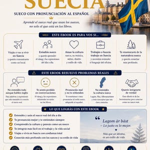 以下が含まれることがあります： スペイン語の「Slang de Suecia」というタイトルの電子書籍の表紙。スウェーデンの国旗と都市のイラストが描かれています。スペイン語の発音で、本物のスウェーデン語のスラングを教えます。旅行、文化、仕事のアイコンが含まれています。