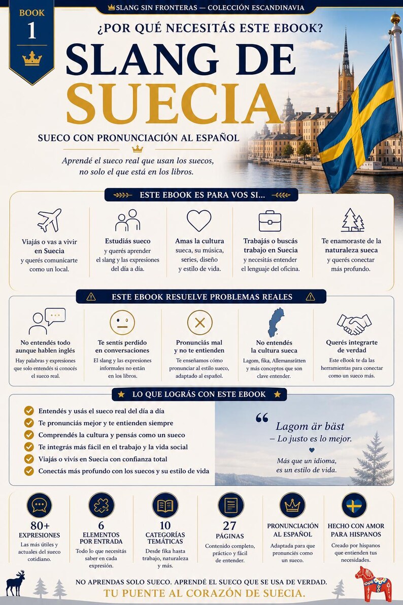 以下が含まれることがあります： スペイン語の「Slang de Suecia」というタイトルの電子書籍の表紙。スウェーデンの国旗と都市のイラストが描かれています。スペイン語の発音で、本物のスウェーデン語のスラングを教えます。旅行、文化、仕事のアイコンが含まれています。