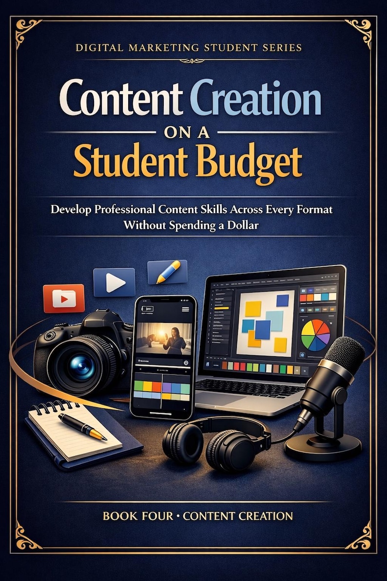 May include: A digital marketing book cover titled "Content Creation on a Student Budget." The image features a camera, smartphone, laptop, microphone, headphones, and notepad, all on a dark blue background. The text reads "Develop Professional Content Skills Across Every Format Without Spending a Dollar."