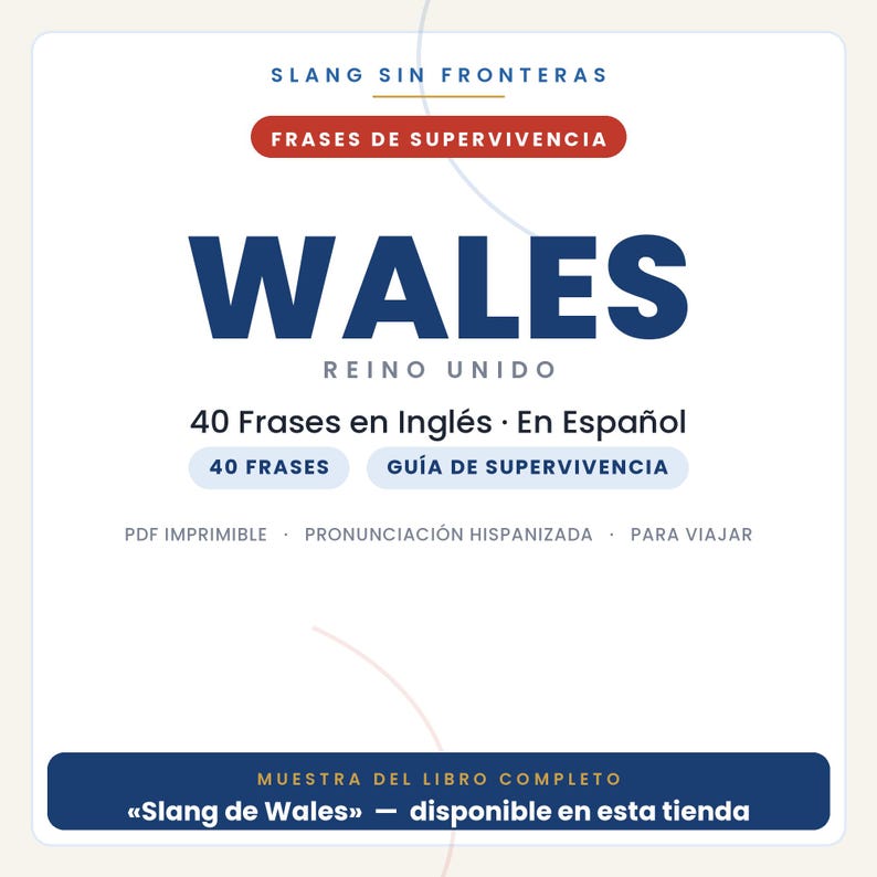 以下が含まれることがあります： Slang Sin Fronteras Frases De Supervivencia Wales Reino Unidoというタイトルのデジタル文書。英語とスペイン語の40のフレーズ、サバイバルガイド、印刷可能なPDF、スペイン語風の発音、ウェールズへの旅行情報が記載されています。