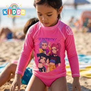 Girl Pink K-Pop Inspired Rash Guard Swim Shirt UPF50 Long Sleeve UV Protection