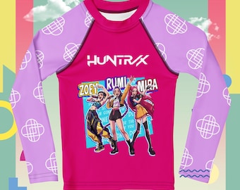 Camiseta de baño Rash Guard para niña, estilo K-Pop, manga larga, protección UV, color rosa y morado.