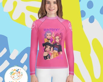 Youth Girl Rash Guard Swim Shirt- K-Pop Style Graphic, long sleeve UV Protection, Pink