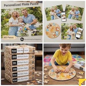 Op de afbeelding: Een verzameling gepersonaliseerde fotopuzzels. E&eacute;n puzzel is rechthoekig met een familiefoto en de tekst "300 Pieces". Andere puzzels zijn rond met cartoon dierenontwerpen. Puzzeldozen zijn gestapeld, gelabeld met stuk aantallen en "Cust Photo Puzzle".