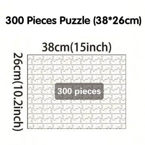Op de afbeelding: Een 300-delige puzzel, afmetingen 38 cm bij 26 cm (15 inch bij 10,2 inch). De afbeelding toont de afmetingen en het aantal stukjes. De tekst op de afbeelding luidt "300 Pieces Puzzle (38*26cm)".