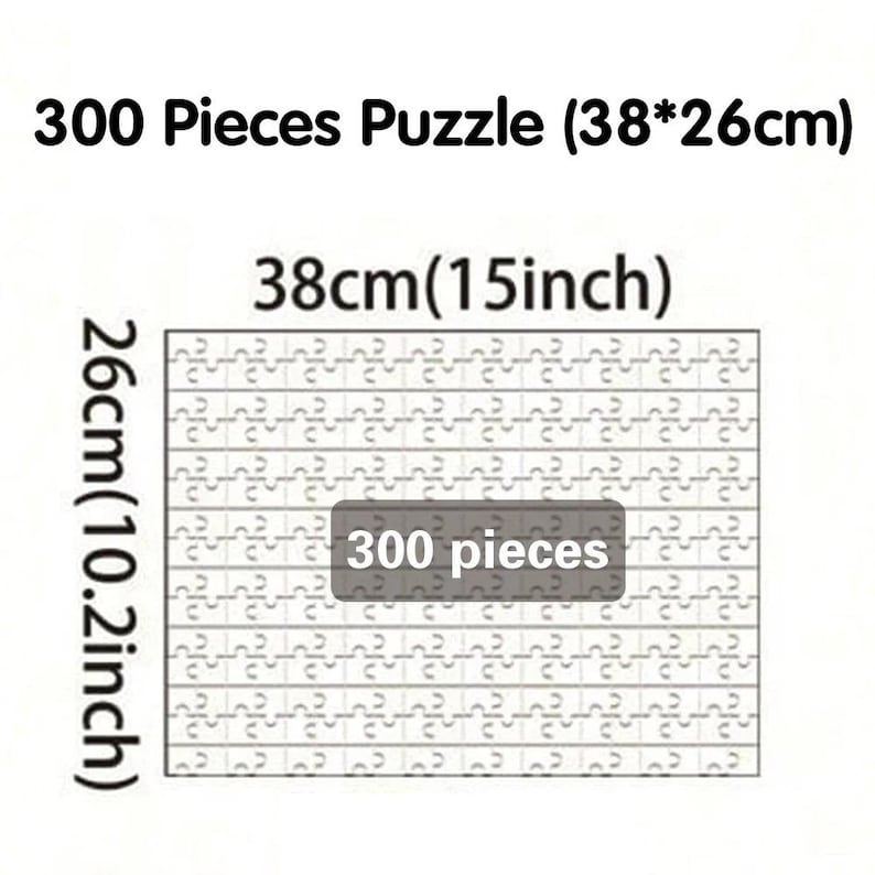 Op de afbeelding: Een 300-delige puzzel, afmetingen 38 cm bij 26 cm (15 inch bij 10,2 inch). De afbeelding toont de afmetingen en het aantal stukjes. De tekst op de afbeelding luidt "300 Pieces Puzzle (38*26cm)".