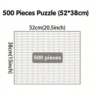 Op de afbeelding: Een witte puzzel van 500 stukjes, met afmetingen van 52 cm bij 38 cm. De omtrek van de puzzel is zichtbaar, met de tekst "500 Pieces Puzzle (52*38cm)" bovenaan en "500 pieces" in het midden.