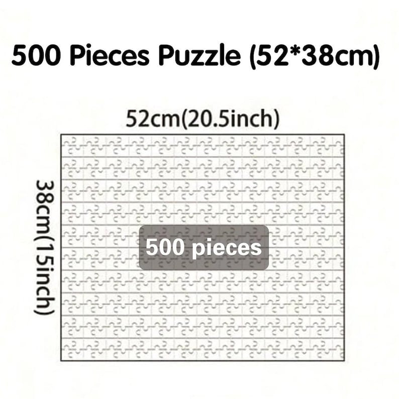 Op de afbeelding: Een witte puzzel van 500 stukjes, met afmetingen van 52 cm bij 38 cm. De omtrek van de puzzel is zichtbaar, met de tekst "500 Pieces Puzzle (52*38cm)" bovenaan en "500 pieces" in het midden.