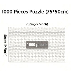 Op de afbeelding: Een puzzel van 1000 stukjes, met een afmeting van 75 cm bij 50 cm. De afmetingen van de puzzel zijn duidelijk aangegeven, met de tekst "1000 Pieces Puzzle (75*50cm)" bovenaan. De puzzel zelf is een raster van kleine, zich herhalende vormen.