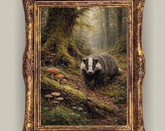 Badger Woodland Print, Mossy Forest Scene, British Wildlife Poster, Cottagecore Nature Decor