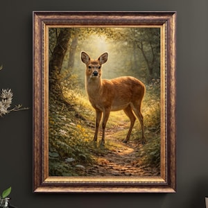 May include: A framed print depicting a deer in a forest. The deer is a warm brown colour, standing on a path. The artwork is in a brown ornate frame, with a sunlit forest scene in the background.