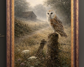 Lámina con estampado de lechuza común en el campo, arte rústico para pared de granja, ilustración de fauna británica.