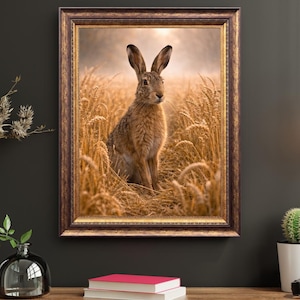 May include: A framed art print depicting a brown hare in a wheat field. The hare is the focal point, with its long ears and alert expression. The artwork is presented in a decorative brown and gold frame, ideal for interior decoration.
