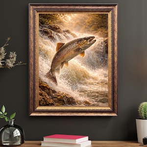 Print zalm springende waterval – muurkunst dramatische rivier dieren in het wild – cadeau vissers