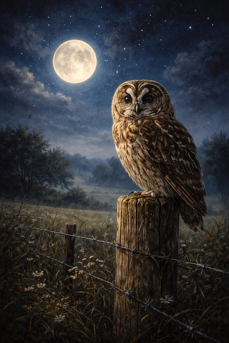 Tawny Owl Moonlit Countryside Print – Night Wildlife Wall Art - Etsy