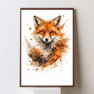 May include: A framed watercolour painting of a fox. The fox is depicted with orange and white fur, and brown accents. The artwork has a splash effect, with paint splatters around the fox.