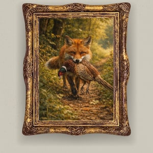 Op de afbeelding: Een ingelijst schilderij toont een vos met rood-oranje vacht die een fazant door een bos draagt. De fazant heeft bruine en rode veren. De sierlijke lijst heeft een goud-bruine afwerking.