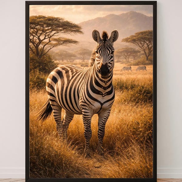 African Zebra Sunset Print, Golden Hour Safari Wildlife Art