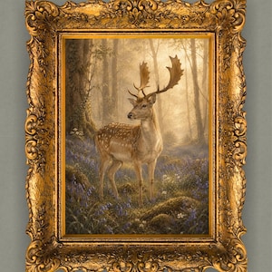 Kunstprint van damherten in een bos, illustratie van een bos met boshyacinten, rustieke decoratie met wilde dieren