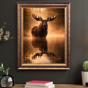 Op de afbeelding: Een ingelijst kunstwerk met een majestueuze eland in een mistig meer. De eland heeft een groot gewei en wordt weerspiegeld in het water. Het kunstwerk zit in een bruine, sierlijke lijst.