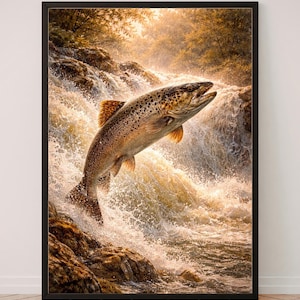 May include: A framed wall art print depicting a brown trout leaping upward through a cascading waterfall. The fish features dark spots and golden scales, set against a backdrop of rushing white water, rocky terrain, and sunlit trees in warm tones.
