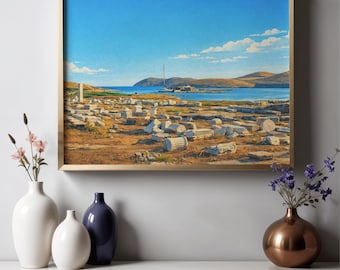 Póster imprimible de Delos, Grecia. Póster de viaje con ruinas antiguas. Decoración costera mediterránea. Descarga digital.