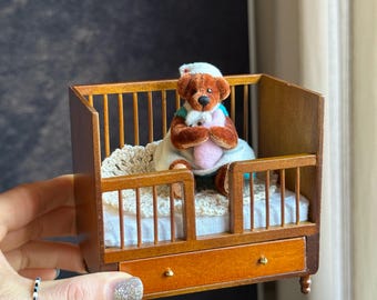 1:12 Scale Miniature Wooden Baby Crib – Dollhouse Nursery Furniture, Diorama Prop